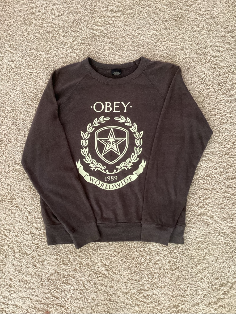Obey Men's Dark Brown Crewneck Sweatshirt with Cream Crest